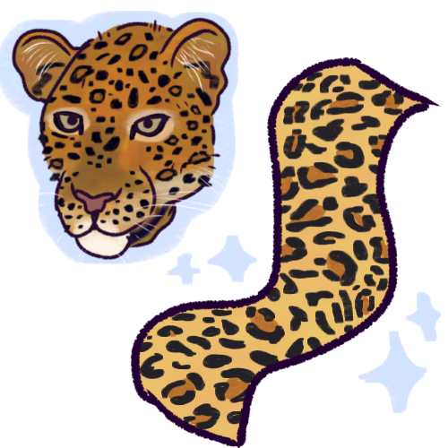 A drawing of a strip of leopard print fabric next to a floating head of a leopard outlined by a blue blob shape. Blue sparkles surround the fabric.